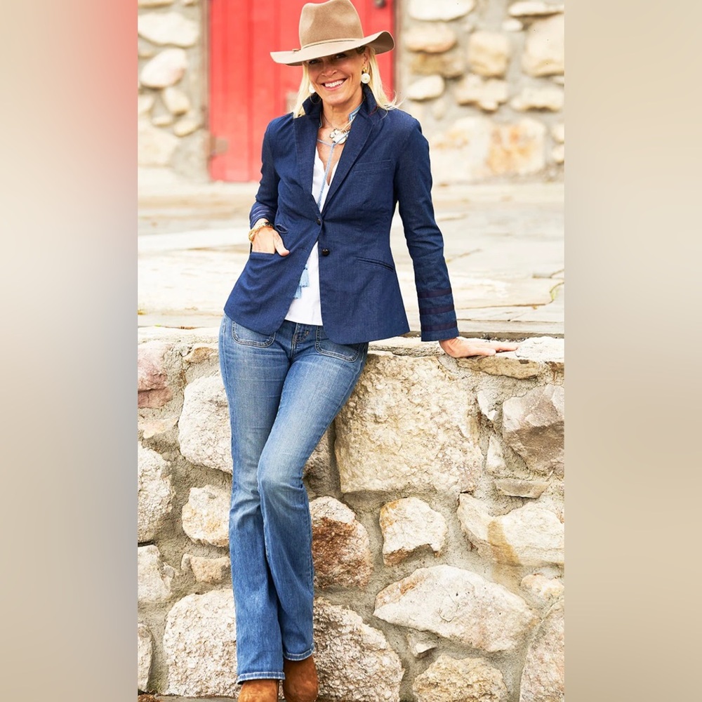 Evan Picone women’s denim blazer three button up front cuff sleeves size 12P